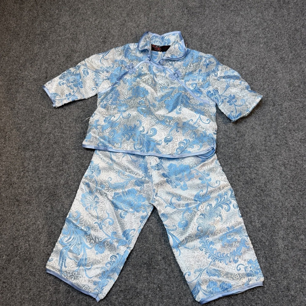 Vtg Sheng Tagkuyi Childrens Chinese Tang Suit Brocade Size 2 Light Blue